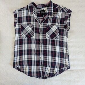 Jachs‎ Girlfriend Plaid Cap Sleeve Button Down Shirt Womens Sz M Preppy Classic